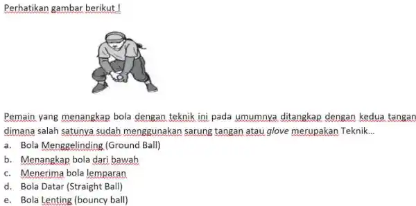 Perhatikan gambar berikut! Pemain yang menangkap bola dengan teknik ini pada umumnya ditangkap dengan kedua tangan dimana salah satunya sudah menggunakan sarung tangan atau