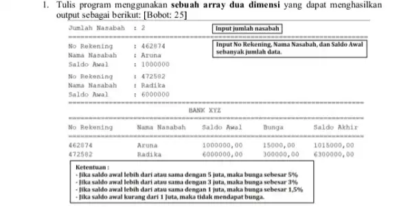 1. Tulis program menggunakan sebuah array dua dimensi yang dapat menghasilkan output sebagai berikut: [Bobot: 25]