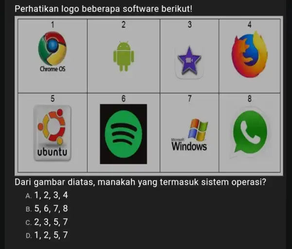 Perhatikan logo beberapa software berikut! Dari gambar diatas, manakah yang termasuk sistem operasi? A. 1,2,3,4 B. 5,6,7,8 C. 2,3,5,7 D. 1,2,5,7