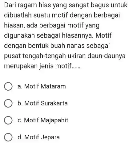 Dari ragam hias yang sangat bagus untuk dibuatlah suatu motif dengan berbagai hiasan, ada berbagai motif yang digunakan sebagai hiasannya. Motif dengan bentuk buah