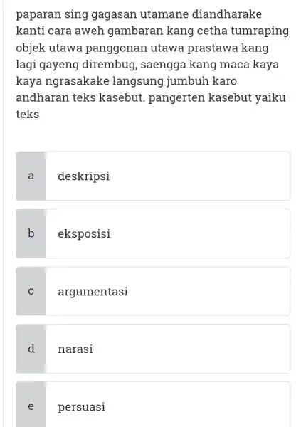 paparan sing gagasan utamane diandharake kanti cara aweh gambaran kang cetha tumraping objek utawa panggonan utawa prastawa kang lagi gayeng dirembug, saengga kang maca