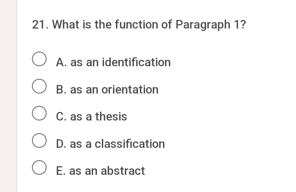 21. What is the function of Paragraph 1 ? A. as an identification B. as an orientation C. as a thesis D. as a