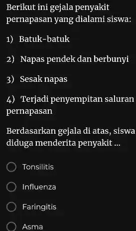 Berikut ini gejala penyakit pernapasan yang dialami siswa: 1) Batuk-batuk 2) Napas pendek dan berbunyi 3) Sesak napas 4) Terjadi penyempitan saluran pernapasan Berdasarkan