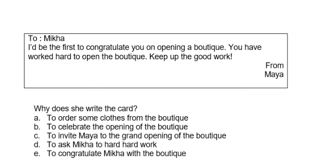 To : Mikha l'd be the first to congratulate you on opening a boutique. You have worked hard to open the boutique. Keep up