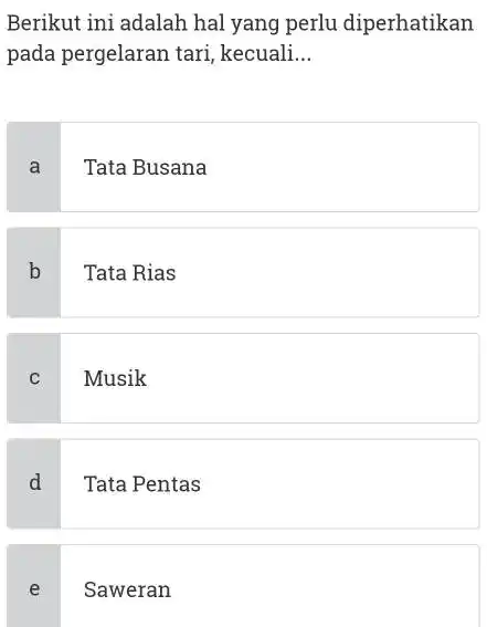 Berikut ini adalah hal yang perlu diperhatikan pada pergelaran tari, kecuali... a Tata Busana b Tata Rias c Musik d Tata Pentas e Saweran