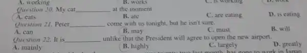 A. working Question 20. My cat qquad at the moment A. eats B. ate C. are eating D. is eating Question 21. Peter qquad