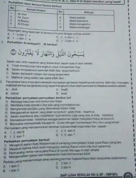 1 Perhatikan tabel Asmaul Husna berikut! No. Asmaul Husna No Artinya 1 Al Alim a Maha melihat 2 As Sarn' b Maha blaksana 3