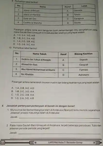 9 Perhatikan tabel berikut। No. Nama Huruf Letak 1 Istana Ja Yanyah A Granada 2 Istana al-Hambra B Toledo 3. Torre del Oro C