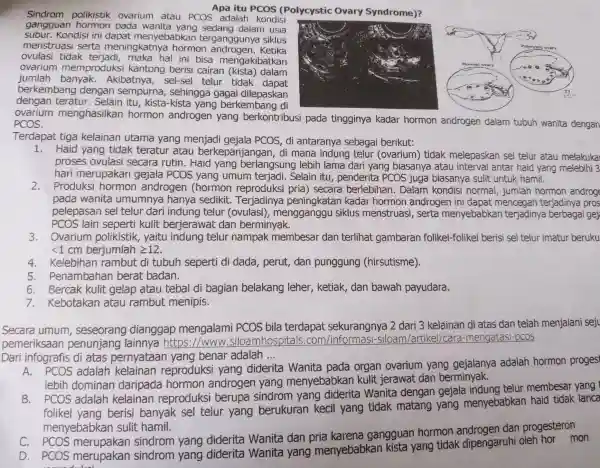 Apa itu PCOS (Polycystic Ovary Syndrome)? gangguan hormon pada wanita vancoS adalah kondisi subur. Kondisi ini dapat menyebabia sedang dalam usia menstruasi menstruasi serta