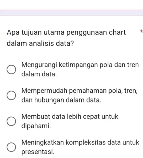 Apa tujuan utama penggunaan chart dalam analisis data? Mengurangi ketimpangan pola dan tren dalam data. Mempermudah pemahaman pola, tren, dan hubungan dalam data. Membuat