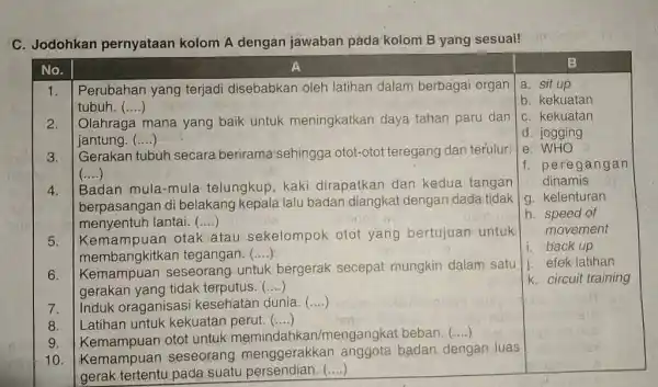 C. Jodohkan pernyataan kolom A dengan jawaban pada kolom B yang sesuai! No. A B 5 5 6 7 7 8 9 10 5