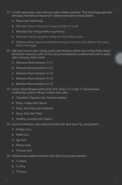 Contoh penerapan nilai manusia yajña melalui gerakan "Ikut bertanggungjawab terhadap kebinekaan Nusantara" dalam kehidupan sosial adalah .... A. Rasa ingin menolong. B. Membersihkan area