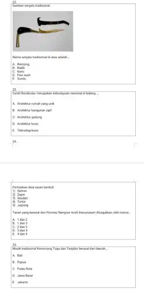 Gambar senjata tradisional. Nama senjata tradisional di atas adalah.... A. Rencong B. Badik C. Keris D. Piso surit E. Sundu 23 Candi Borobudur merupakan