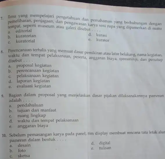 Imu yang mempelajari pengetahuan dan pemahaman yang berhubungan dengan pemeliharan, penjagaan, dan pengawasan karya seni rupa yang dipamerkan di suatu tempat, seperti museum atau