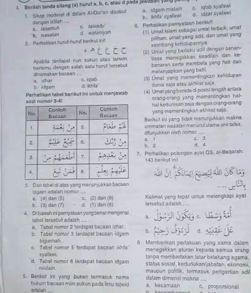 L. Berilah tanda silang (x) huruf a, b, c, atau d pada ) Sikap moderat di dalam Al-Quran disobut a. idgam mislain c. iqlab