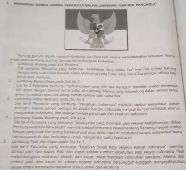 MENGENAL SIMBOL-SIMBOL PANCASILA DALAM LAMBANG "GARUDA PANCASILA" Burung garuda dipilih menjodi lambang dari Pahcasila karena melambangkan kekuatan. Warna tmas pada lambang burung Garuda melambangkan