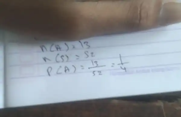 n(A)=13 n(S)=52 P(A)=(13)/(52)=(1)/(4)