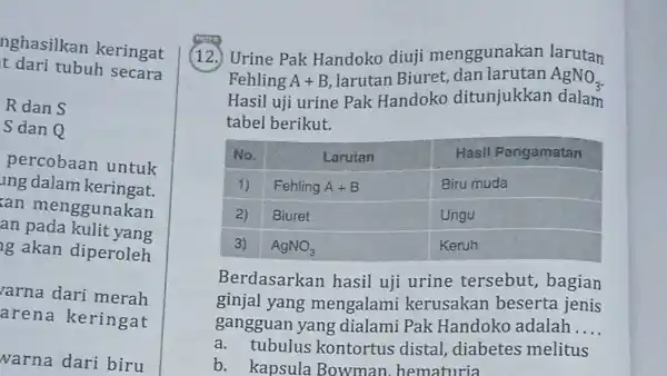 nghasilkan keringat t dari tubuh secara R dan S S dan Q percobaan untuk ung dalam keringat. ran menggunakan an pada kulit yang ig