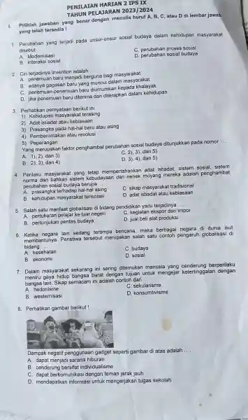 PENILAIAN HARIAN 2 IPS IX TAHUN PELAJARAN 2023//2024 I. Pilihlah jawaban yang benar dengan menulis huruf A, B, C, atau D di lembar jawab