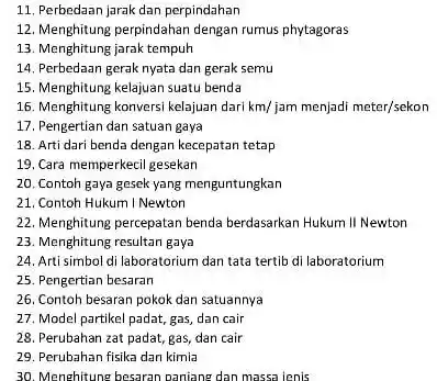 Perbedaan jarak dan perpindahan Menghitung perpindahan dengan rumus phytagoras Menghitung jarak tempuh Perbedaan gerak nyata dan gerak semu Menghitung kelajuan suatu benda Menghitung konversi