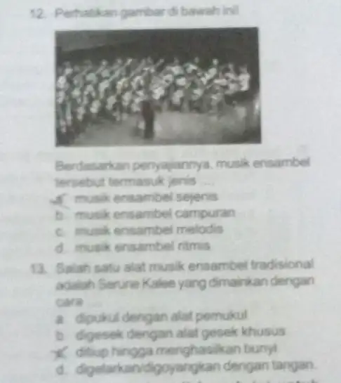 Perhatikan gambar di bawah inll Berdasarkan penyajannya, musik ensambel tersebut termasuk jenis qquad rarr musk ensambel sejenis b. must ensambet campuran c. musik ensambel