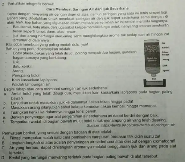 Perhatikan infografis berikut! Cara Membuat Saringan Air dari ljuk Sederhana Sama dengan penyaring air dengan drum di atas, namun saringan yang satu ini lebih