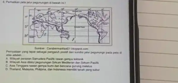 Perhatikan peta jalur pegunungan di bawah ini ! Sumber: Carabermanfaat21.blogspot.com Pernyataan yang tepat sebagai pengaruh positif dari kondisi jalur pegunungn pada peta di atas