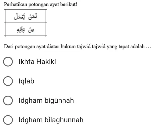 Perhatikan potongan ayat berikut! نَمَنْ يَعُقَلُ پِنْ مِثْلُلِ نَمَنْ يَعُقَلُ پِنْ مِثْلُلِ Dari potongan ayat diatas hukum tajwid tajwid yang tepat adalah . qquad