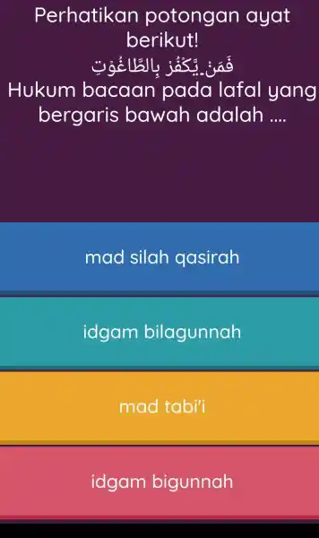 Perhatikan potongan ayat berikut! Hukum bacaan pada lafal yang bergaris bawah adalah .... mad silah qasirah idgam bilagunnah mad tabili idgam bigunnah