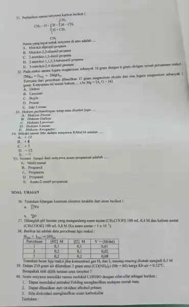 Perhatikan rumus senyawa karbon berikut ! Nama yang tepat untuk senyawa di atas adalah qquad A. Metoksi dipropil propana B. Metoksi-2,2-dimetil propana C. 2-metoksi-1,3-dietil