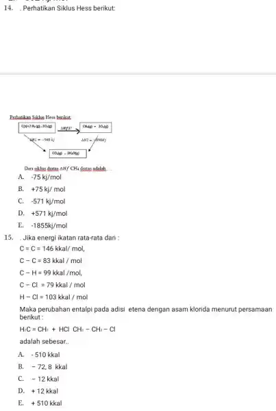 . Perhatikan Siklus Hess berikut: Perhatikan Siklus Hess berikut: Dari siklus diatas Delta HfCH_(4) diatas adalah.... A. -75kj//mol B. +75kj//mol C. quad-571kj//mol D. +571kj//mol