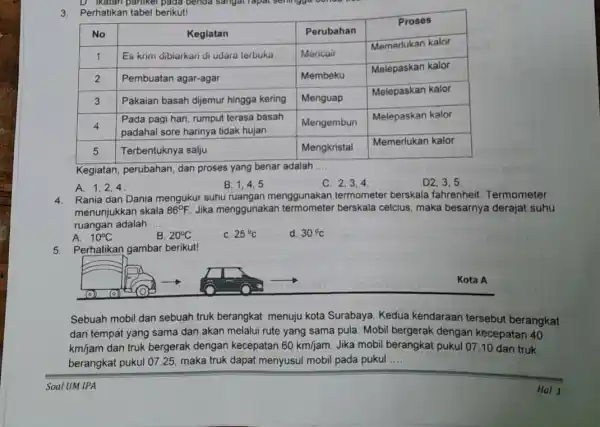 Perhatikan tabel berikut! No Kegiatan Perubahan Proses 1 Es krim dibiarkan di udara terbuka Mencair Memerlukan kalor 2 Pembuatan agar-agar Membeku Melepaskan kalor 3