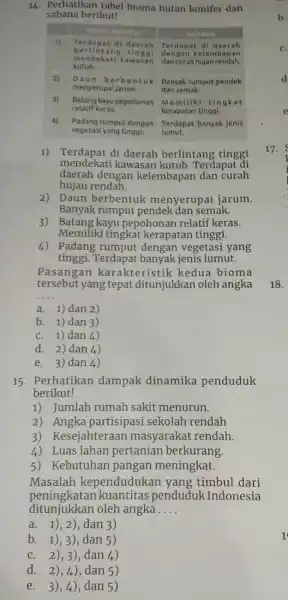 Perhatikan tabel bioma hutan konifer dan sabana berilkut! Hytankones or SNkand 1) Terdapat of daerah berlintang tingai mendekati kawasan kutub. Terdapat of daerah berlintang