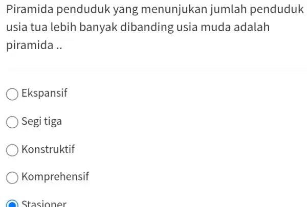 Piramida penduduk yang menunjukan jumlah penduduk usia tua lebih banyak dibanding usia muda adalah piramida .. Ekspansif Segi tiga Konstruktif Komprehensif