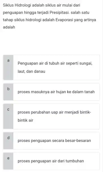 Siklus Hidrologi adalah siklus air mulai dari penguapan hingga terjadi Presipitasi. salah satu tahap siklus hidrologi adalah Evaporasi yang artinya adalah a Penguapan air