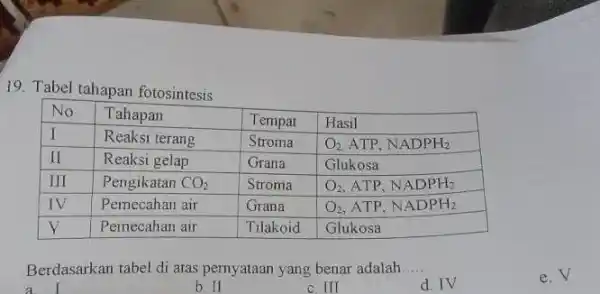 Tabel tahapan fotosintesis No Tahapan Tempat Hasil I Reaksi terang Stroma O_(2) ATP, NADPH_(2) II Reaksi gelap Grana Glukosa III Pengikatan CO_(2) Stroma O_(2)