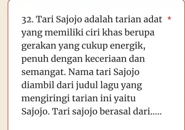 Tari Sajojo adalah tarian adat yang memiliki ciri khas berupa gerakan yang cukup energik, penuh dengan keceriaan dan semangat. Nama tari Sajojo diambil dari