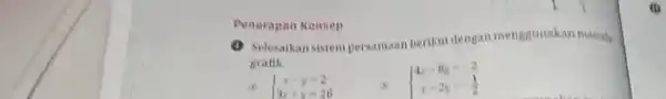 (1) Selesaikan sistem persamaan berikut dengan menggunakan metrit gratik. to ) x-y=2 3x+y=26 (1) ) 4x-8y=-2 x-2y=-(1)/(2) Penerapan Konsep