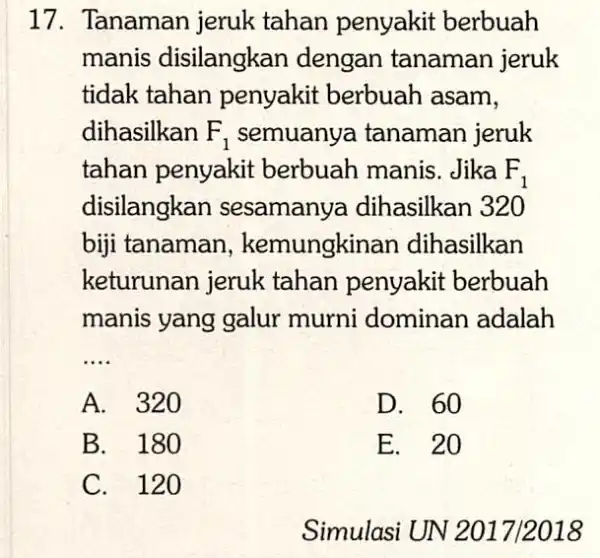 17. Tanaman jeruk tahan penyakit berbuah manis disilangkan dengan tanaman jeruk tidak tahan penyakit berbuah asam, dihasilkan F_(1) semuanya tanaman jeruk tahan penyakit berbuah