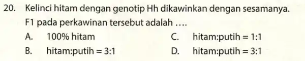 20. Kelinci hitan dengan genotip Hh dikawinkan dengan sesamanya. F1 pada perkawinan tersebut adalah __ A. 100% hitam C hitam:putih=1:1 B hitam:putih=3:1 D. hitam:putih=3:1