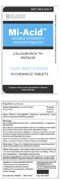 MIAJO NDC 0904-5115-71 A TM DOU BLE STRENGTH ANTACID RABLETS CALCIUM RICH TH ANTACID 70 CHEWAVLE : TABLETS "Compare to the Acctive Ingrediatens in