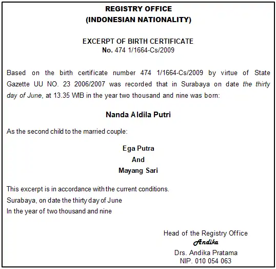 REGISTRY OFFICE (INDONESIAN NATIONALITY) EXCERPT OF BIRTH CERTIFICATE No. 474 1/1664-Cs/2009 Based on the birth certificate number 4741/1664-Cs/2009 by virtue of State Gazette UU