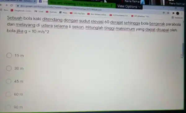 Sebuah bola kaki ditendang dengan sudut elevasi 60 derajat sehingga bola bergerak parabola dan melayang di udara selama 6 sekon. Hitunglah tinggi maksimum yang