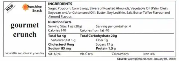 Sunshine gourmet crunch Put a little sunshine in your day INGREDIENTS Snack Sugar, Popcorn, Corn Syrup, Slivers of Roasted Almonds, Vegetable Oil/Palm Olein. Soybean