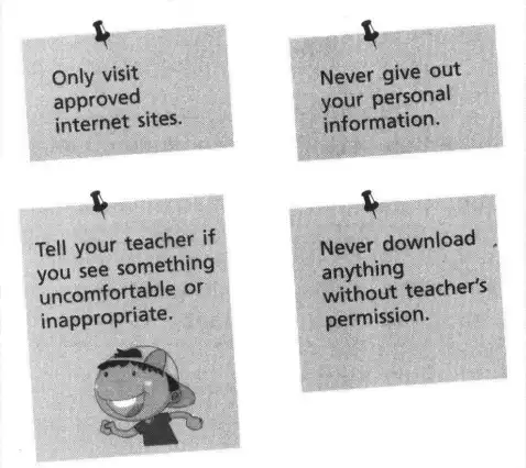 Only visit approved internet sites. Never give out your personal information. Never download anything without teacher's permission. Tell your teacher if you see something