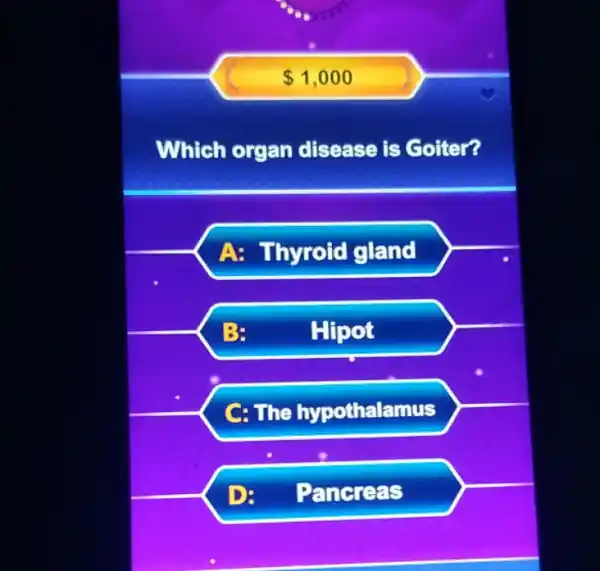 1,000 Which organ disease is Goiter? A: Thyroid gland B: Hipot c: The hypothalamus D Pancreas