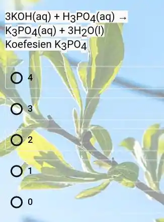 3KOH(aq)+H_(3)PO_(4)(aq)arrow K_(3)PO_(4)(aq)+3H_(2)O(I) Koefesien K_(3)PO_(4) 4 3 2 1 0