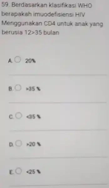 59 Berdasarkan klasifikasi WHO berapakah imuodefisie nsi HIV Menggunakan CD4 untuk anak yang berusia 12gt 35 bulan A. 20% B gt 35% C. 35