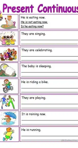 present continuous He is eating now. He is not eating now. Is he eating now? They are singing. __ They are celebrating. __ The