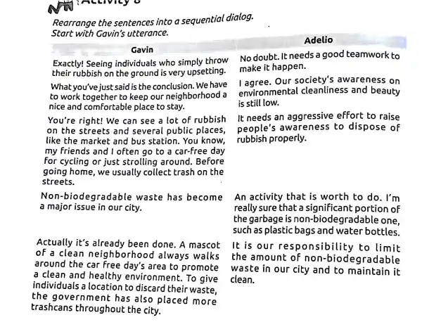 Rearrange the sentences into a sequential dialog. Start with Gavin's utterance. Adelio Gavin their rubbish on the ground is very upsetting. make it happen.